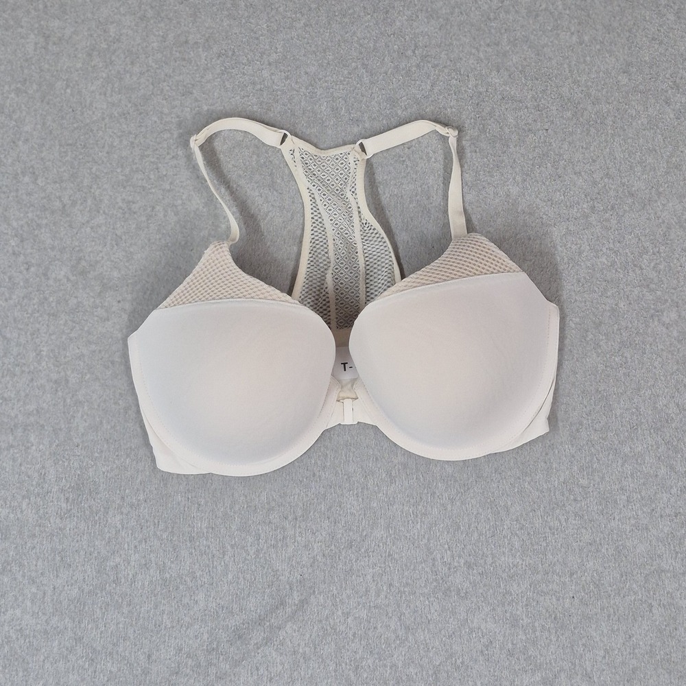 Victoria's Secret Women Bra 34DD White T Shirt Underwired Lace Front Close READ
